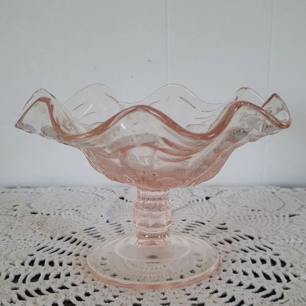 Beautiful Vintage Pink Dugan Depression Glass Footed Compote - Coin Spot Pattern
